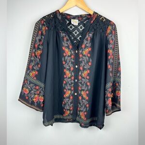 Fig and Flower Black‎ Blouse with Red and Gold Floral Design